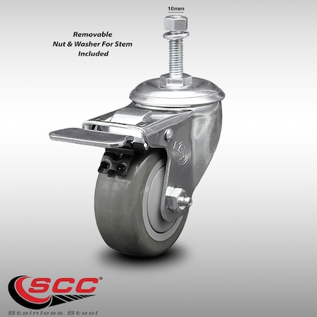 Service Caster 3.5 Inch SS Gray Polyurethane 10mm Threaded Stem Caster Total Lock Brake SCC SCC-SSTSTTL20S3514-PPUB-M1015